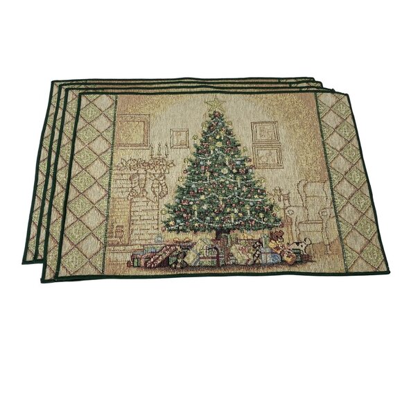 Set Of 4 Christmas Tree Tapestry Placemats 18"x13" Elegant Table - Picture 1 of 4